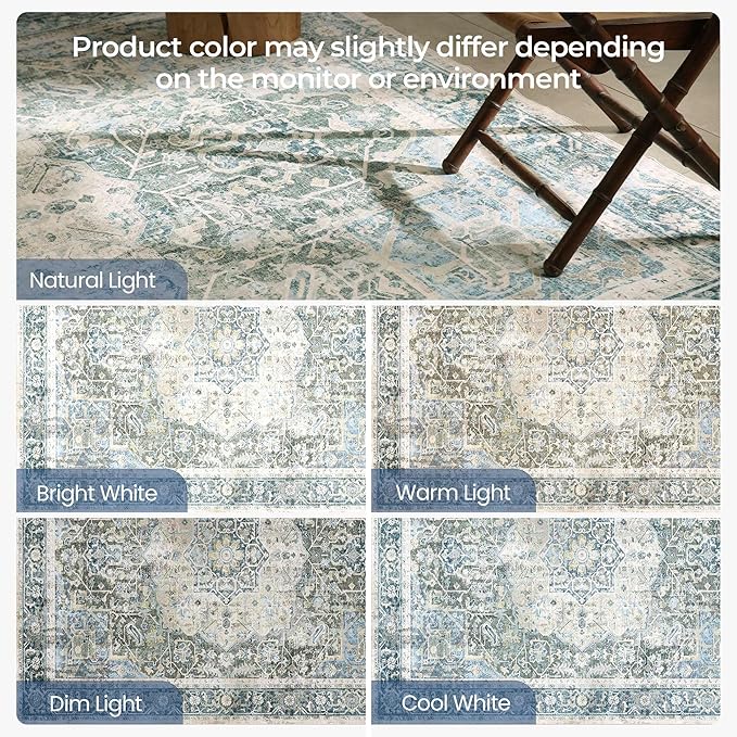 Kokia 9x12 Area Rugs for Living Room, Machine Washable Non Slip Vintage Boho Rugs, Low Pile Distressed Medallion Print Rug for Bedroom, Dining Room Blue 9 x 12