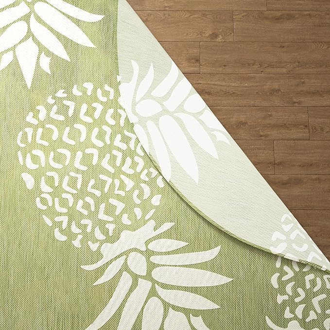 LR Home 5ft Round Indoor/Outdoor Area Rug for Home Decor | Coastal Pineapples Large Size Carpet for Living Room, Bedroom, Playroom, Patio, Garden | Tropical Farmhouse Rug | Dark Green/Beige