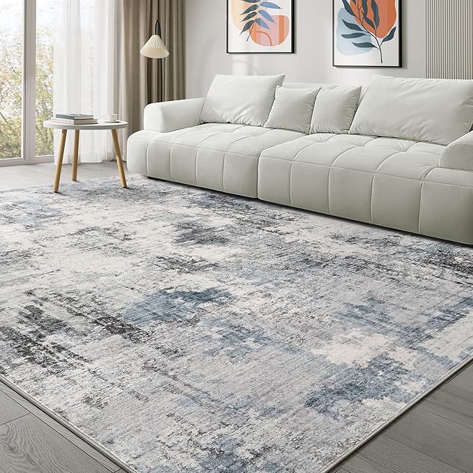 Washable Rug 5x7 Area Rugs for Living Room: Modern Abstract Neutral Soft Rug for Bedroom Dining Room Under Kitchen Table Home Office Decor - Grey Blue