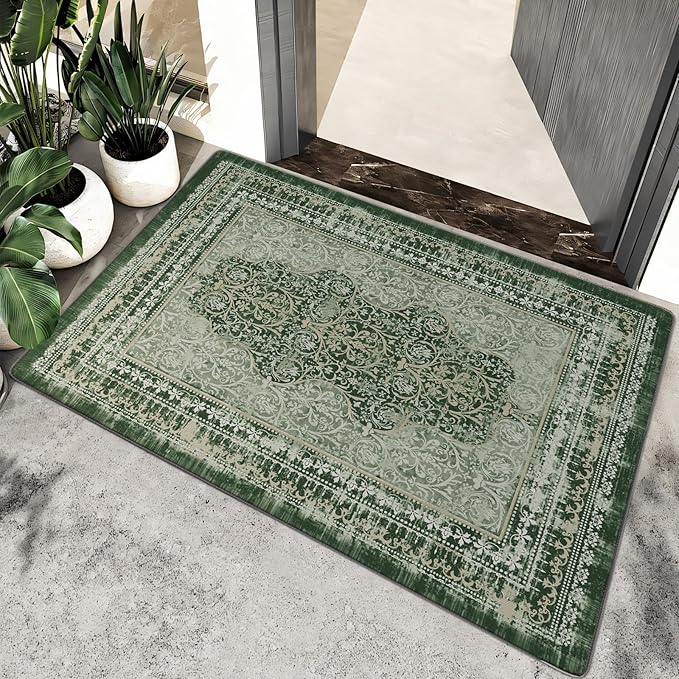 2x3 Small Washable Non-Slip Vintage Chenille Area Rug,Low Pile Distressed Floral Carpet for Entryway Kitchen, Boho Farmhouse Stain Resistant Indoor Rug