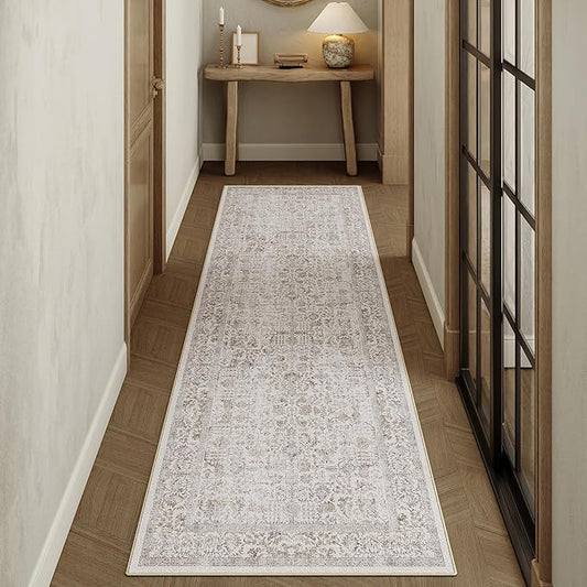 Taupe Runner Rug 3x8 Hallway Machine Washable Kitchen Vintage Distressed Non Slip Long Carpet Indoor Retro Floral Bedroom Accent Throw Rug for Bathroom Office Laundry Dining Living Room