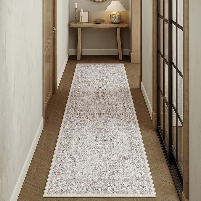 Taupe Runner Rug 3x7 Hallway Machine Washable Kitchen Vintage Distressed Non Slip Long Carpet Indoor Retro Floral Bedroom Accent Throw Rug for Bathroom Office Laundry Dining Living Room