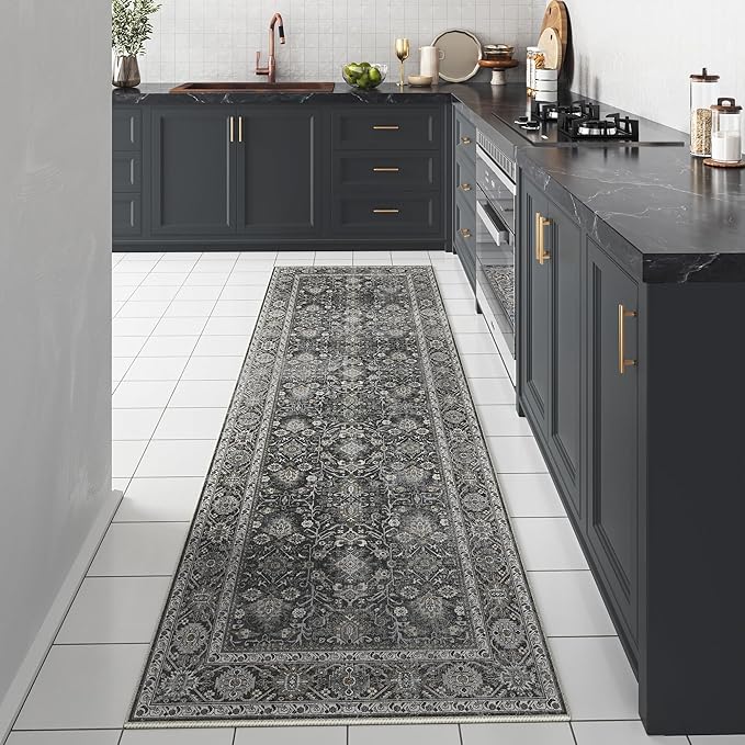 Black Runner Rug 3x8 Vintage Area Carpet Hallway Long Indoor Kitchen Washable Living Room Low Pile Traditional Distressed Retro Accent Throw Rug Non Slip Laundry Bathroom Office Dining Room
