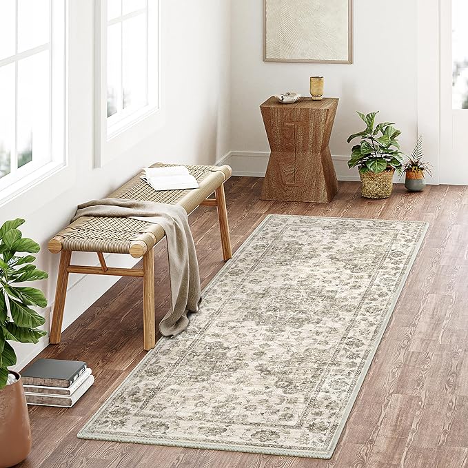 2x5 Washable Neutral Runner Rug Taupe Hallway Kitchen Non-Slip Low Pile Floral Carpet Vintage Soft Thin Small Throw Rug for Entryway Bathroom Bedroom Indoor Entrance