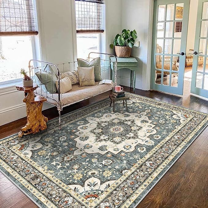 Washable Oriental Area Rug - 5x8 Rugs for Living Room Soft Carpet for Bedroom Waterproof Floral Distressed Indoor Stain Resistant Non-Shedding Floor Carpets (Blue, 5x8)