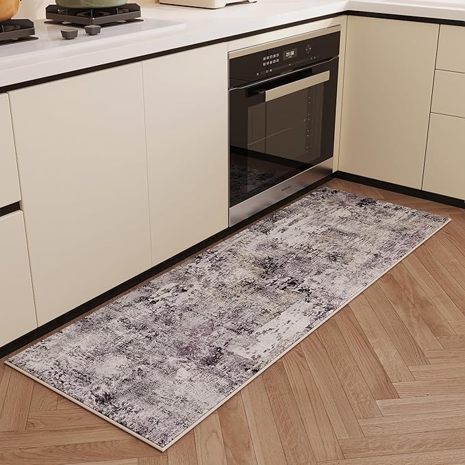 Runner Rug 2'6''x8' Hallway Rug Washable Boho Soft Area Rug Abstract Pattern Non-Slip Faux Wool Vintage Rug for Kitchen, Entryway, Laundry, Bedroom, Purple