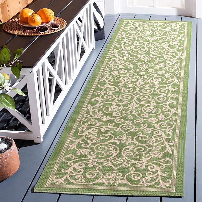 SAFAVIEH Courtyard Collection Runner Rug - 2'3" x 10', Olive & Natural, Scroll Design, Non-Shedding & Easy Care, Indoor/Outdoor & Washable-Ideal for Patio, Backyard, Mudroom (CY2098-1E06)