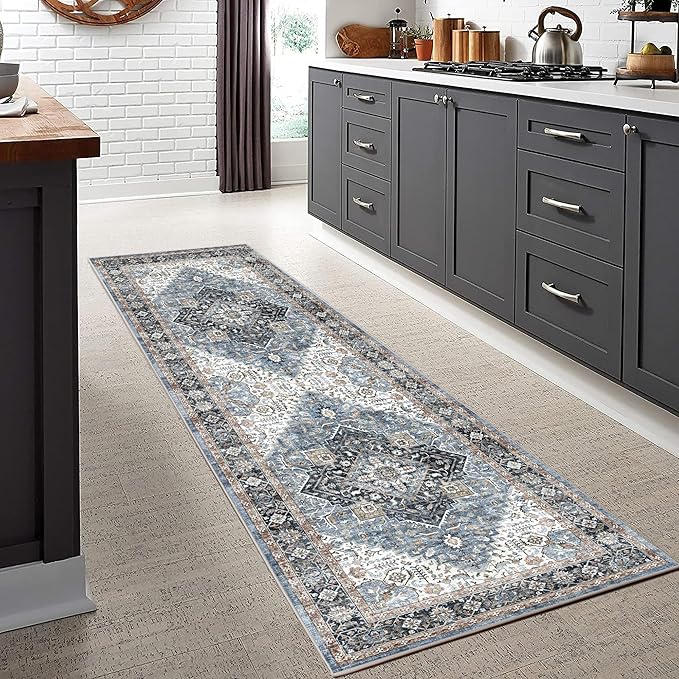 2x6 Runner Rug, Ultra-Thin Bathroom Rug, Blue Low Pile Laundry Room Mat, Machine Washable Boho Rug for Hallways Entryway Kitchen Bathroom Bedside Camper