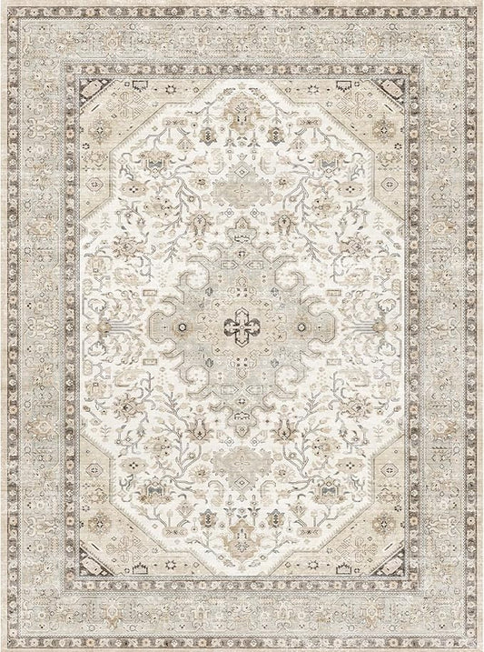 7x10 Area Rug Living Room: Washable Soft Oriental Vintage Farmhouse Rugs - Non-Slip Backing Thin Stain Resistant Large Indoor Carpet for Bedroom (7x10 Ivory/Grey/Multi)