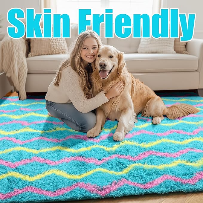 RUGTUDER Soft Fluffy Rug for Bedroom, 5x8 Washable Fuzzy Striped Rugs for Girls Teens Dorm, Non Slip Shaggy Unicorn Area Rug for Living Room Boys Kids Room Playroom Decor, Teal Pink Yellow