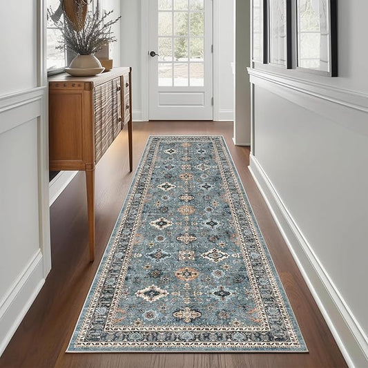 2x6 Runner Rug, Ultra-Thin Bathroom Rug, Blue Low Pile Laundry Room Mat, Machine Washable Boho Rug for Hallways Entryway Kitchen Bathroom Bedside Camper