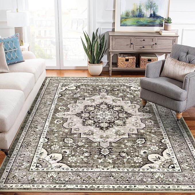 Washable 5x7 Living Room Rugs: Oriental Non-Slip Area Rugs for Bedroom Non Shedding Accent Farmhouse Dining Room Carpet Soft Low Pile Mat for Nursery Room Home Office (5x7 Beige)