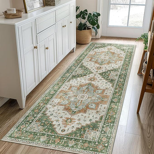 2X10 Area Rugs Machine Washable Runner Rugs for Living Room, Vintage Boho Rugs for Bedroom Dining Room, Non Slip Indoor Soft Distressed Lightweight Thin Low Pile Carpet, Green Brown Blue