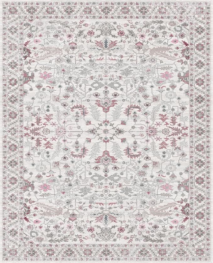 5x7 Rug, Washable Neutral Boho Modern Vintage Non Slip Floral Area Carpet, Low Pile Soft Rugs, Slip Resistance, Pet-Friendly, Durable Rug for Living Room, Bedroom, Kitchen, Dining Room