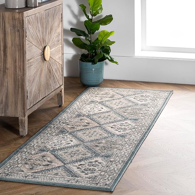 nuLOOM 2'6" x 6' Becca Traditional Tiled Area Rug, Becca Blue, Faded Transitional Design, Stain Resistant, for Bedroom, Dining Room, Living Room, Hallway, Office, Kitchen, Entryway