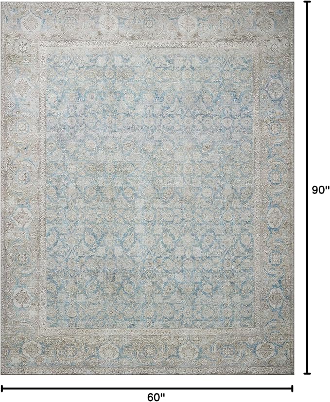 Loloi II Wynter Collection WYN-10 Ocean/Silver 5'-0" x 7'-6", .13" Thick, Area Rug, Soft, Durable, Printed, Vintage Inspired, Low Pile, Non-Shedding, Easy Clean, Living Room Rug