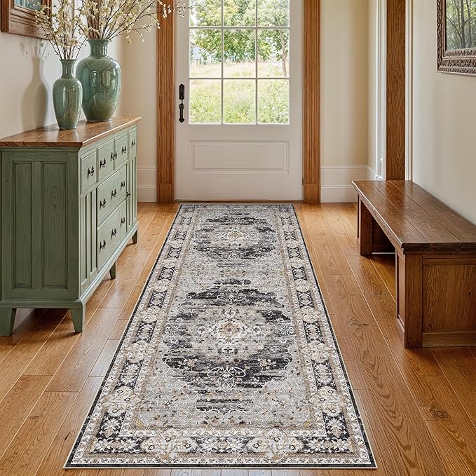 2x5 Runner Rug for Hallway Washable: Non Slip Kitchen Rugs with Rubber Backing Soft Waterproof Mats Stain Resistant Indoor Vintage Carpet Runner for Bedroom Bathroom Laundry Entryway Black/Gray
