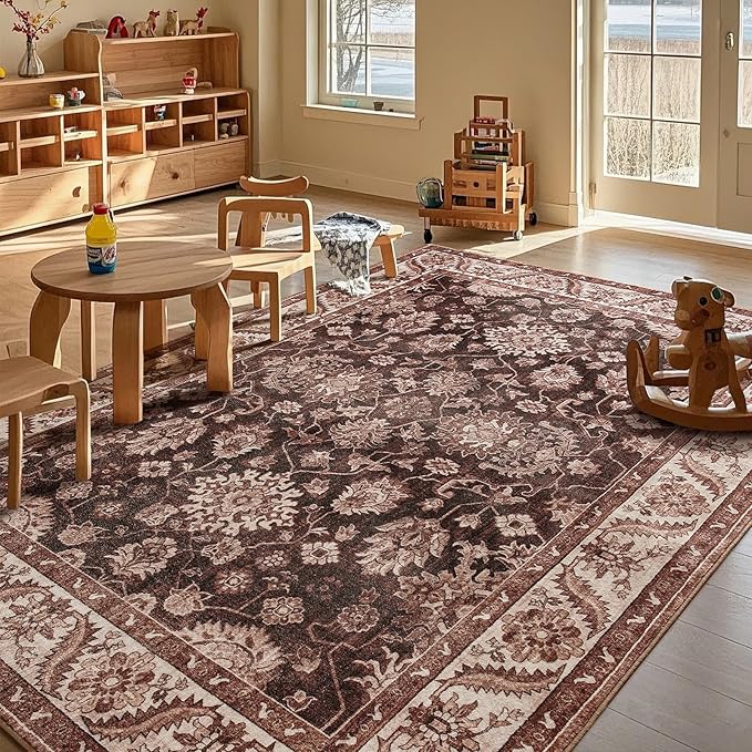 Area Rugs for Living Room, 6x9 Washable Area Rug for Bedroom, Retro Floral Non-Slip Carpet for Nursery Home Office Dining Room Kitchen, Brownish Red