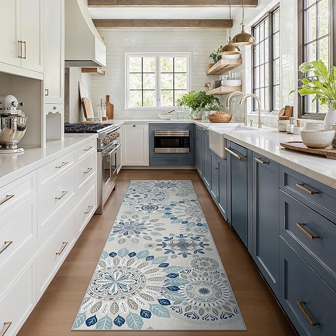 Bavni Kitchen Runner, Washable 2x12 Rugs Non Slip, Floral Thin Runners, Stain Resistant Carpet Runner for Bathroom, Bedroom, Hallway, Azure Blue/White