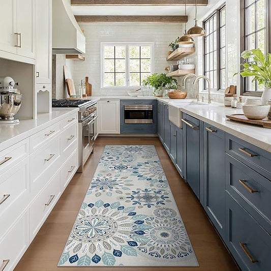 Bavni Kitchen Runner, Washable 2x12 Rugs Non Slip, Floral Thin Runners, Stain Resistant Carpet Runner for Bathroom, Bedroom, Hallway, Azure Blue/White