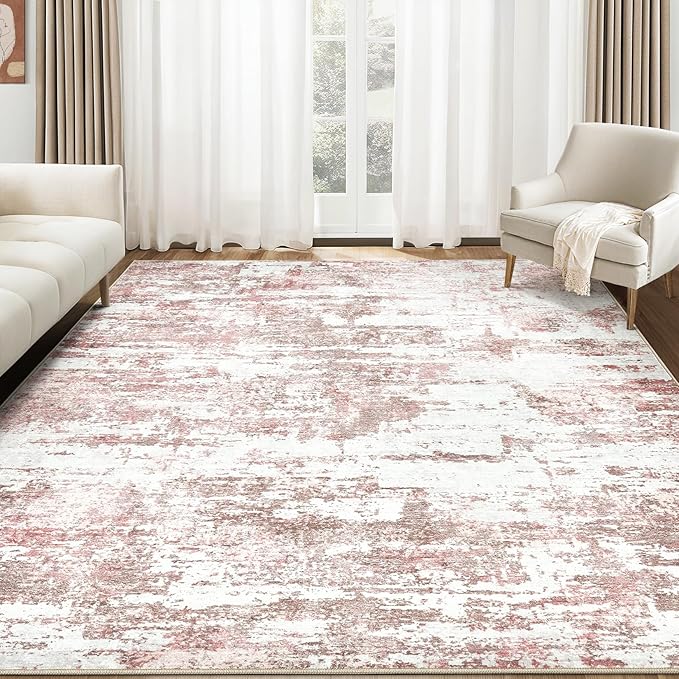 Area Rugs for Living Room: 5x7 Abstract Washable Rug Modern Neutral Large Soft Stain Resistant Non-Slip Backing Machine Table for Bedroom Dining Room Indoor Home Office Carpet - Pink