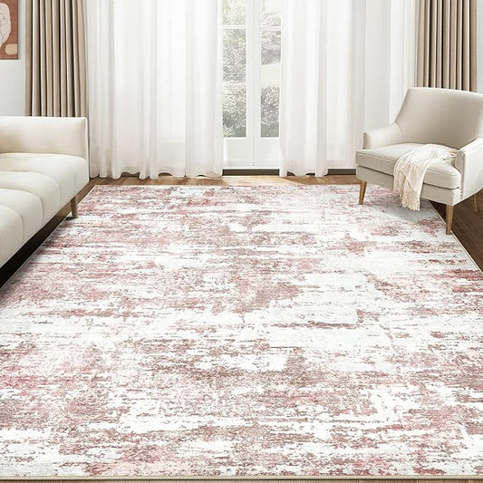 Area Rugs for Living Room: 6x9 Abstract Washable Rug Modern Neutral Large Soft Stain Resistant Non-Slip Backing Machine Table for Bedroom Dining Room Indoor Home Office Carpet - Pink