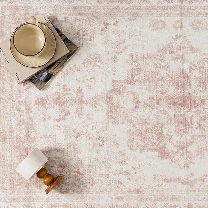 Washable Rug 6x9 Area Rug for Living Room Pink Vintage Boho Medallion Large Distressed Retro Carpet Non Slip Indoor Low Pile Small Soft Bedroom Dining Room Home Office