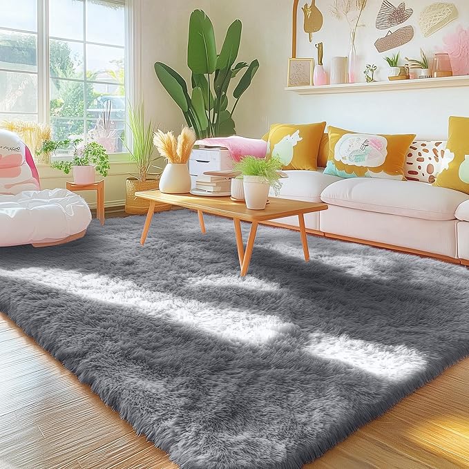 OLANLY Area Rugs for Living Room Bedroom, Machine Washable 4x5.9 Feet Soft Fluffy Shaggy Bedside Rug, Indoor Floor Carpet for Kids Girls Boys, Dorms, Nursery Rooms, Home Decor Aesthetic, Light Grey