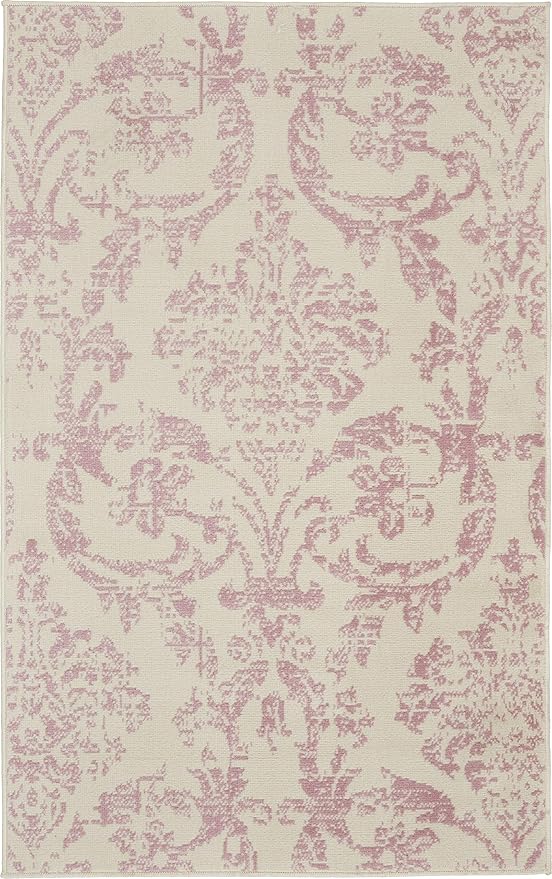 Nourison Jubilant Damask Ivory/Pink 3' x 5' Area -Rug, Easy -Cleaning, Non Shedding, Bed Room, Living Room, Dining Room, Kitchen (3x5)