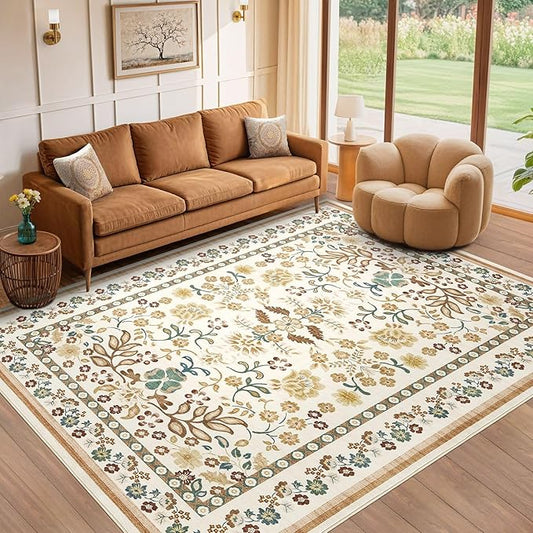 10x14 Area Rug Living Room Rugs - Washable Boho Vintage Floral Large Soft Non Slip Thin Rug Low Pile Carpet for Bedroom Dining Room Kids Playroom Office Decor Indoor- Brown