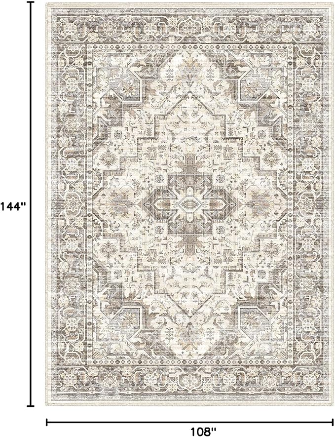 Washable Vintage Area Rug 9x12，Printed Vintage Home Decor, Floor Decoration Carpet Mat，Thin Rug for Living Room, Distressed Oriental Reto Indoor Floor Carpet Rug (Brown Beige 9x12)