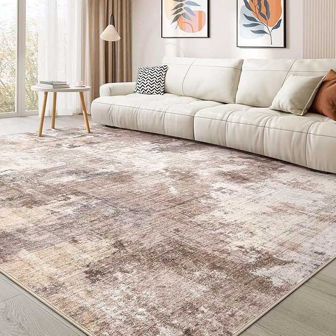 Washable Rug 8x10 Area Rugs for Living Room: Modern Abstract Neutral Soft Rug for Bedroom Dining Room Under Kitchen Table Home Office Decor - Brown