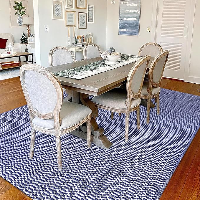 KOZYFLY Washable Area Rug for Living Room 5x7 Ft Bedroom Rug with Runner Backing Thin Navy and White Rugs Cotton Dining Room Rug, Floor Carpet for Living Room Dining Room Bedroom, Navy/White