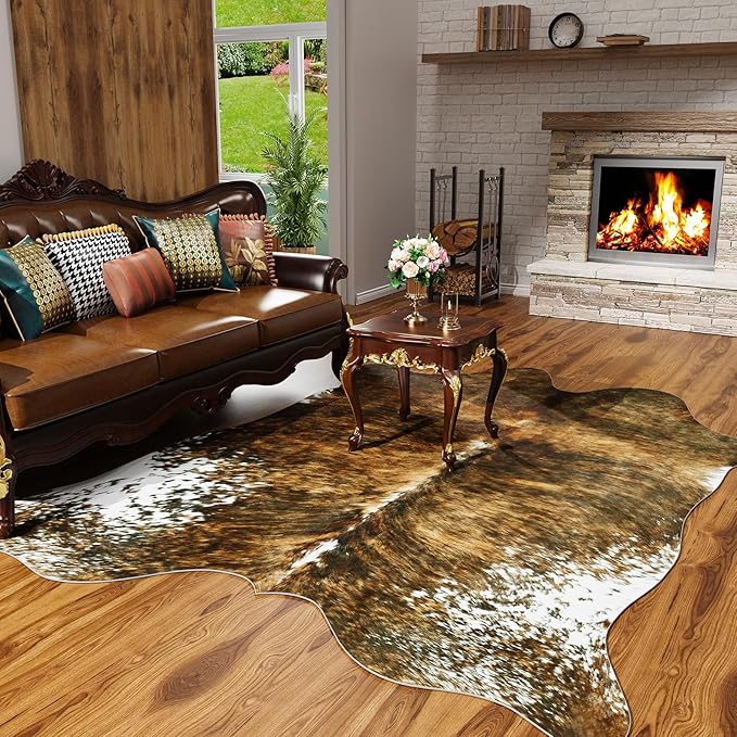 AROGAN Premium Faux Cowhide Rug 4.6 x 5.2 Feet, Sturdy and Large Size Cow Print Rugs, Suitable for Bedroom Living Room Western Decor, Faux Fur Animal Cow Hide Carpet, Saddle Brown