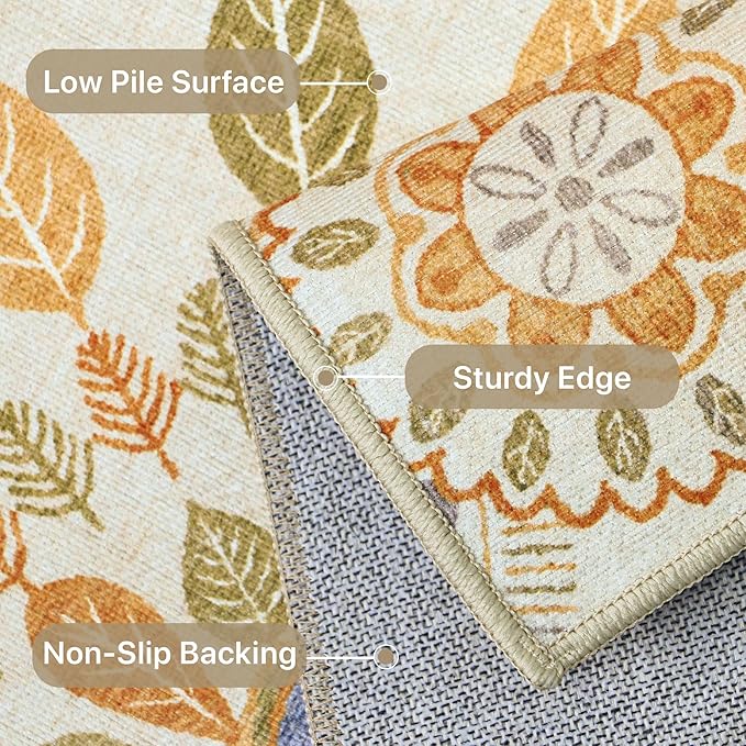 Bavni Kitchen Runner, Washable 2x12 Rugs Non Slip, Floral Thin Runners, Stain Resistant Carpet Runner for Bathroom, Bedroom, Hallway, Beige Brown
