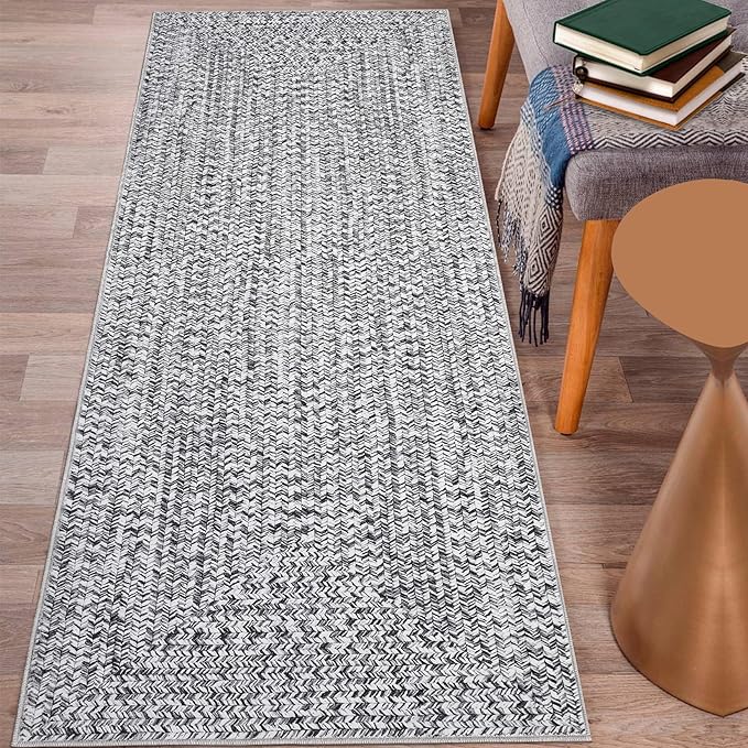 Printed Washable Rugs Runner Rug 2x8 Rug for Living Room Bathroom Rugs Modern Imitation Braided Bedroom Rug Non Slip Geometric Area Rug Kitchen Rugs Stain Resistant Carpet 2'x8' Light Grey