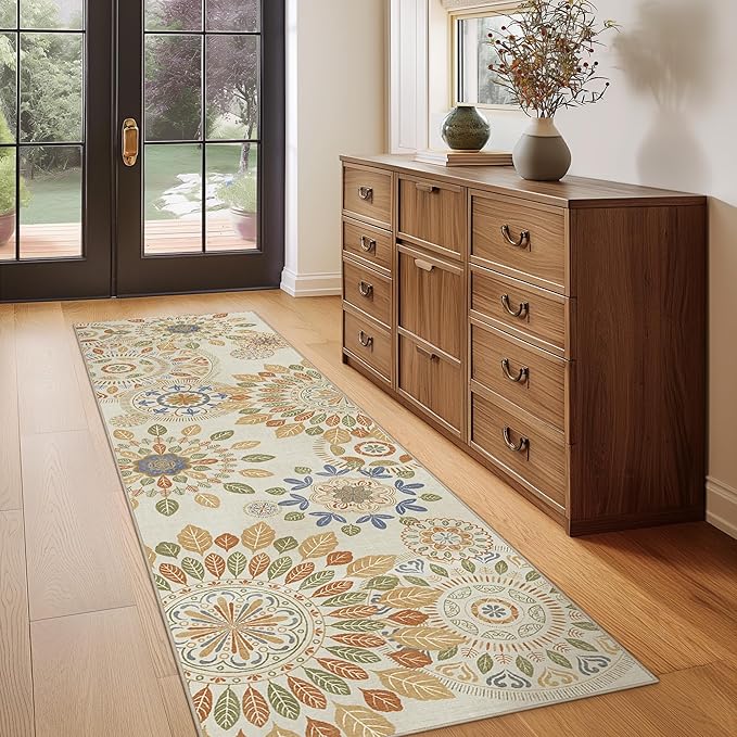 Bavni Kitchen Runner, Washable 2x12 Rugs Non Slip, Floral Thin Runners, Stain Resistant Carpet Runner for Bathroom, Bedroom, Hallway, Beige Brown