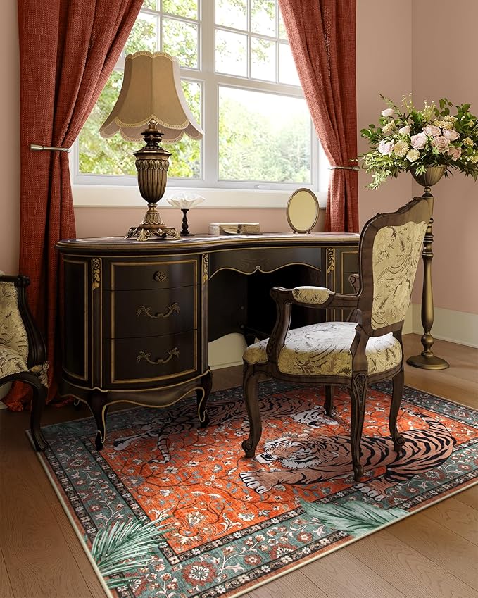 Moynesa Tiger 3x5 Washable Rug, Boho Area Rugs for Entryway, Non Slip Small Rug for Bedroom, Ultra Thin Botanical Vintage Soft Accent Carpet for Kitchen Entry Laundry Room, Rust