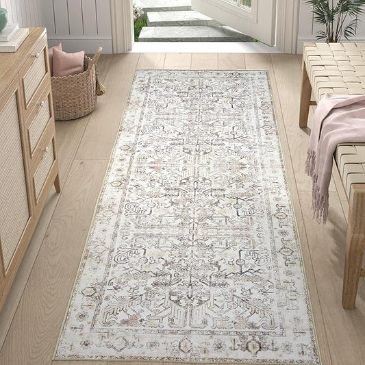 jinchan Runner Rug 2x7 - Vintage Hallway Machine Washable Rug Floral Non Slip with Rubber Backing Ultra-Thin Carpet Runner for Kitchen Bedroom Laundry Room Farmhouse Entryway (2x7ft,Taupe)