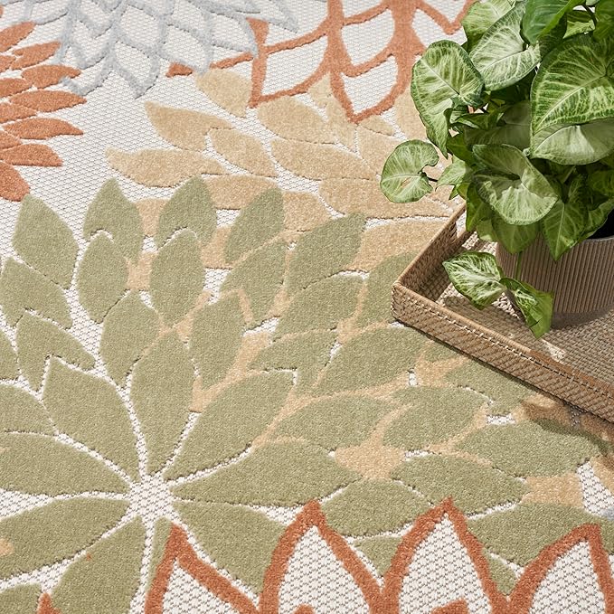 Nourison Aloha Indoor/Outdoor Ivory Multicolor 6' x 9' Area Rug, Easy Cleaning, Non Shedding, Bed Room, Living Room, Dining Room, Backyard, Deck, Patio (6x9)