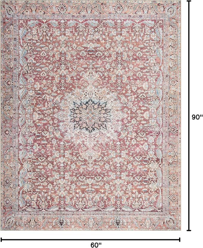 Loloi II Wynter Collection WYN-05 Tomato/Teal 5'-0" x 7'-6", .13" Thick, Area Rug, Soft, Durable, Printed, Vintage Inspired, Low Pile, Non-Shedding, Easy Clean, Living Room Rug
