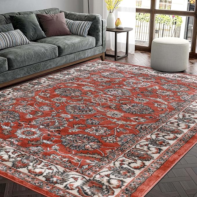Superior Indoor Area Rug, Jute Backing, Plush Floral Rugs for Entryway, Living Room, Kitchen Floors, Bedroom, Office Floor Cover, Traditional Oriental Rugs, Lille Collection, 8' x 10', Salmon