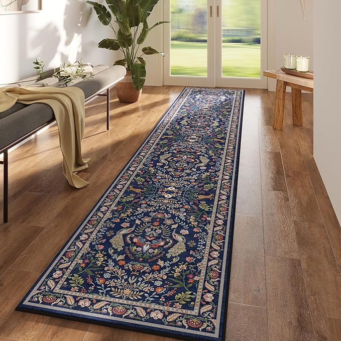 Runner Rug Washable Kitchen Runner 2'x 10' Runner Rug for Entryway Indoor Floral Soft Non-Slip Carpet Runner for Hallways, Kitchen, Laundry, Bedroom, Bathroom(Blue)