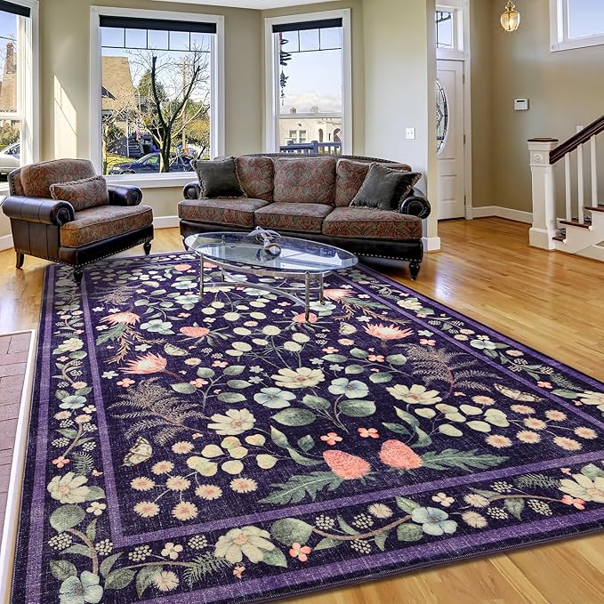 Area Rugs for Living Room, Washable 5x7 Vintage Rug for Bedroom, Non-Slip Floral Carpet for Home Office Nursery Dining Room Kitchen, Purple