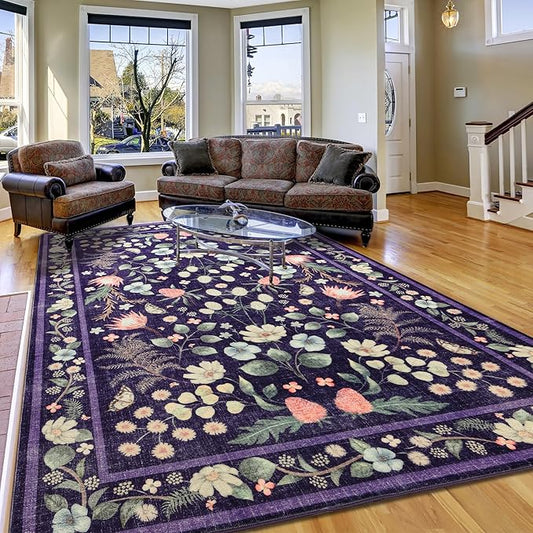 Area Rugs for Living Room, Washable 5x7 Vintage Rug for Bedroom, Non-Slip Floral Carpet for Home Office Nursery Dining Room Kitchen, Purple