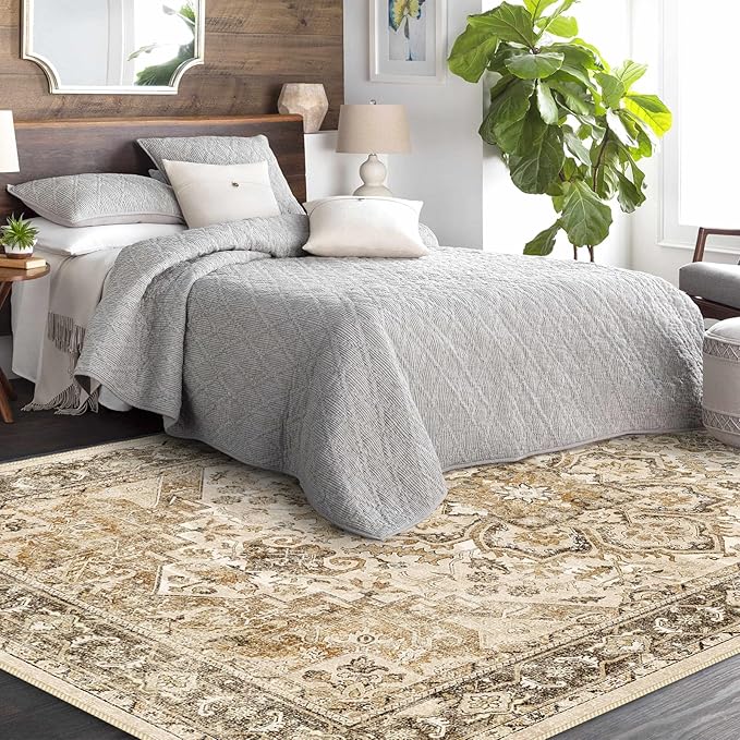 Washable Area Rug Vintage - Living Room Farmhouse Oriental Rug 5x8 Distressed Non-Slip Stain Resistant Carpet for Bedroom Dining Room Home Office (5x8 Beige/Brown)