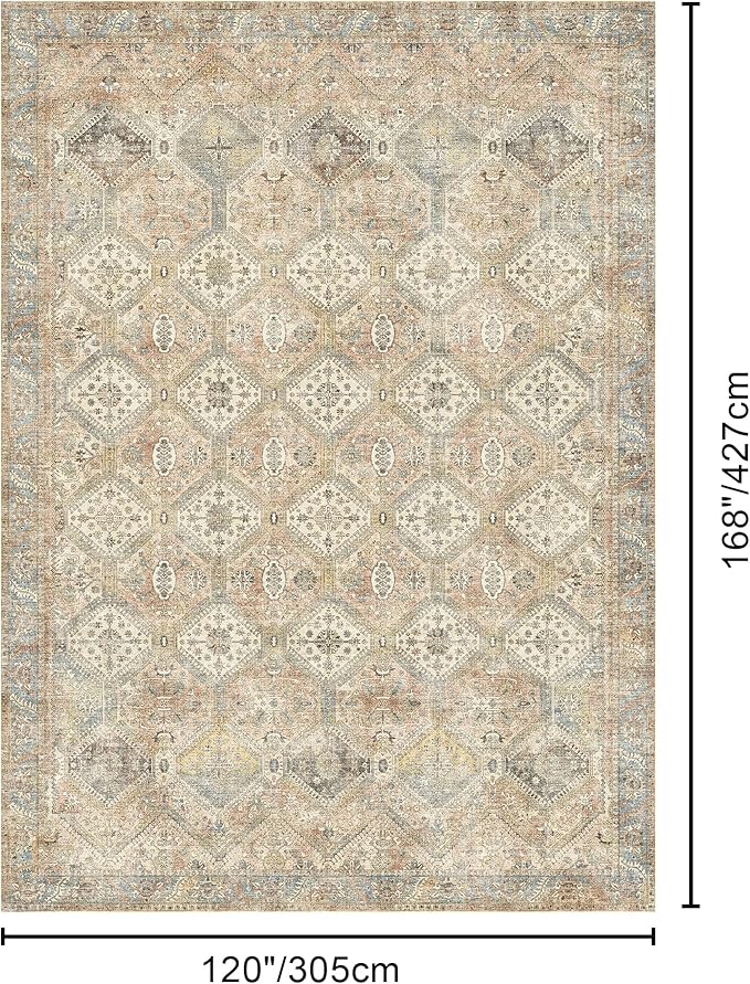 Bavni 10x14 Area Rugs for Living Room, Machine Washable Rug Non Slip, Vintage Chenille Distressed Print Carpet, Large Low Pile Ultra-Thin Lightweight Rugs for Bedroom, Dining Room, Office, Wood Brown