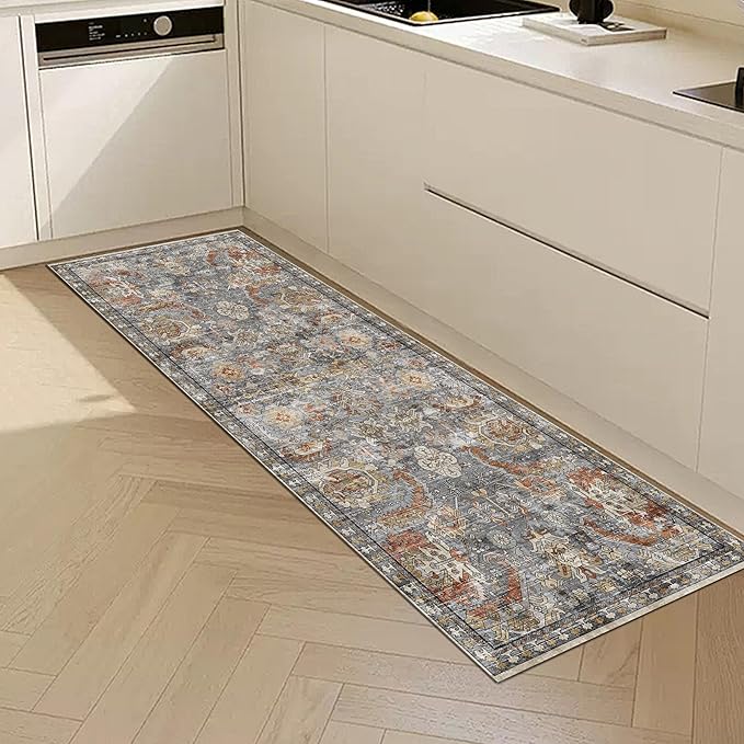 Washable Area Rugs - Perfect for Living Room, Bedroom, Kids Room, Nursery - Stain & Water Resistant Non-Slip, Pet & Child Friendly, Vintage Tribal Area Rugs (Turmeric and Grey, 2'6'' x 8')