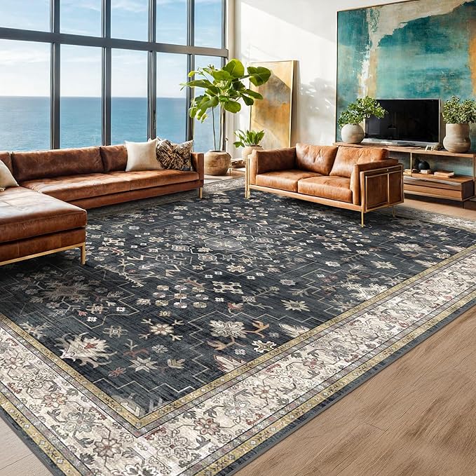 Black Boho Rug for Living Room 9x12 - Washable Dining Room Rugs for Under Table, Vintage Soft Low Pile Carpet for Bedroom, Non-Slip Farmhouse Bohemian Large Tumble Rug for High Traffic Area