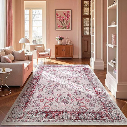 Area Rugs for Living Room, 4x6 Washable Rugs for Bedroom, Non-Slip Floral Carpet for Entryway Office Kitchen Dining Room, Pink and White